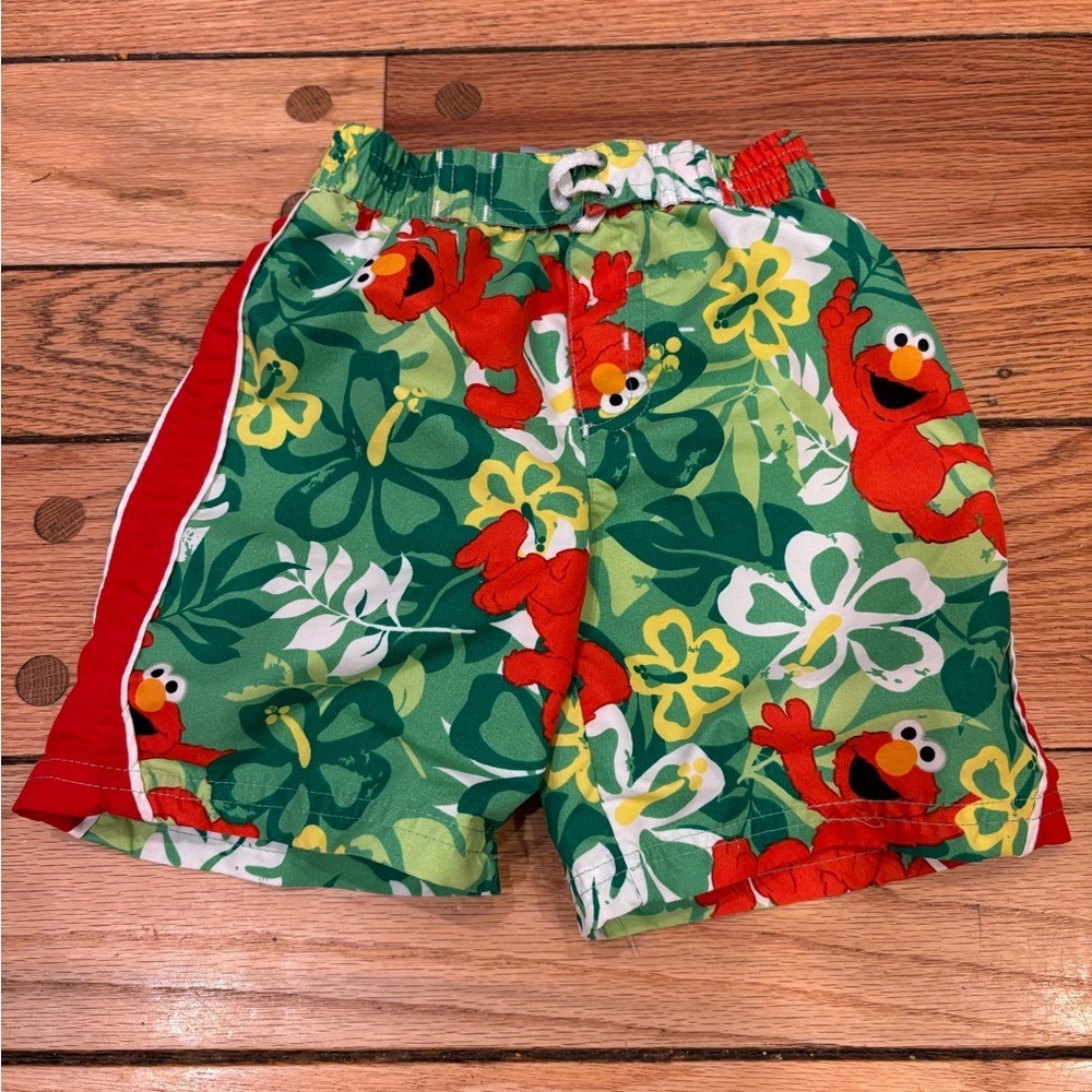 SOLD Sesame Street Elmo Hawaiian Floral Green and Red Kids Swim Trunks Shorts 2T